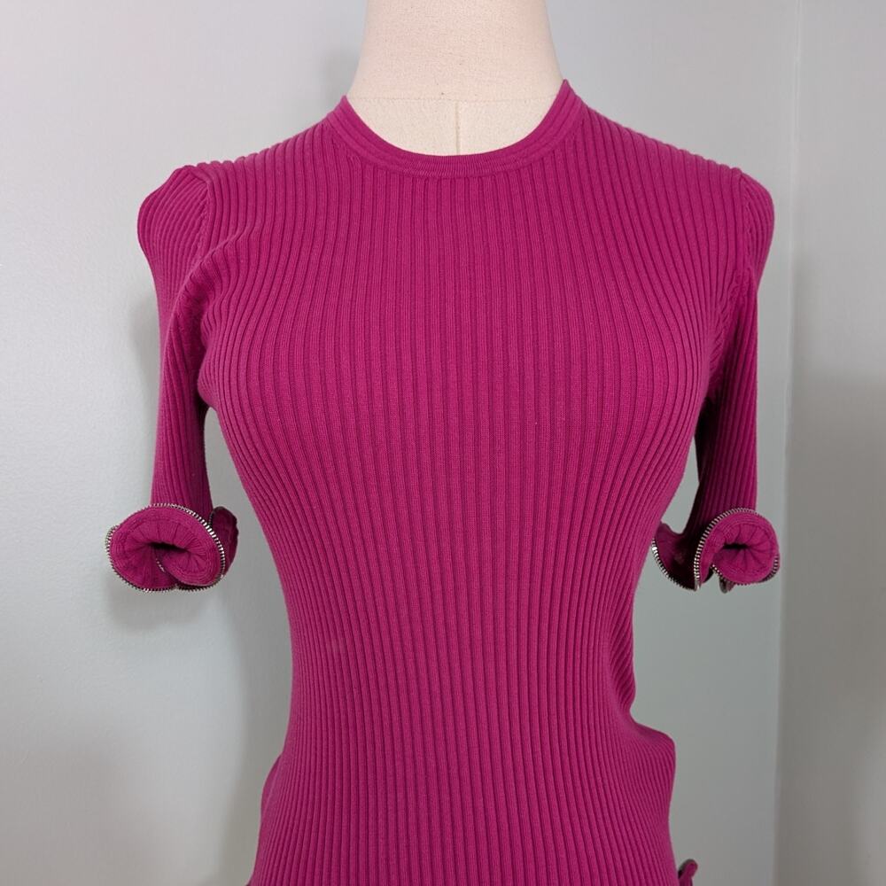 Alexander Wang Sweater Top M Pink Zipper Ruffle Ribbed Knit Short Sleeve Glam - Picture 8 of 13